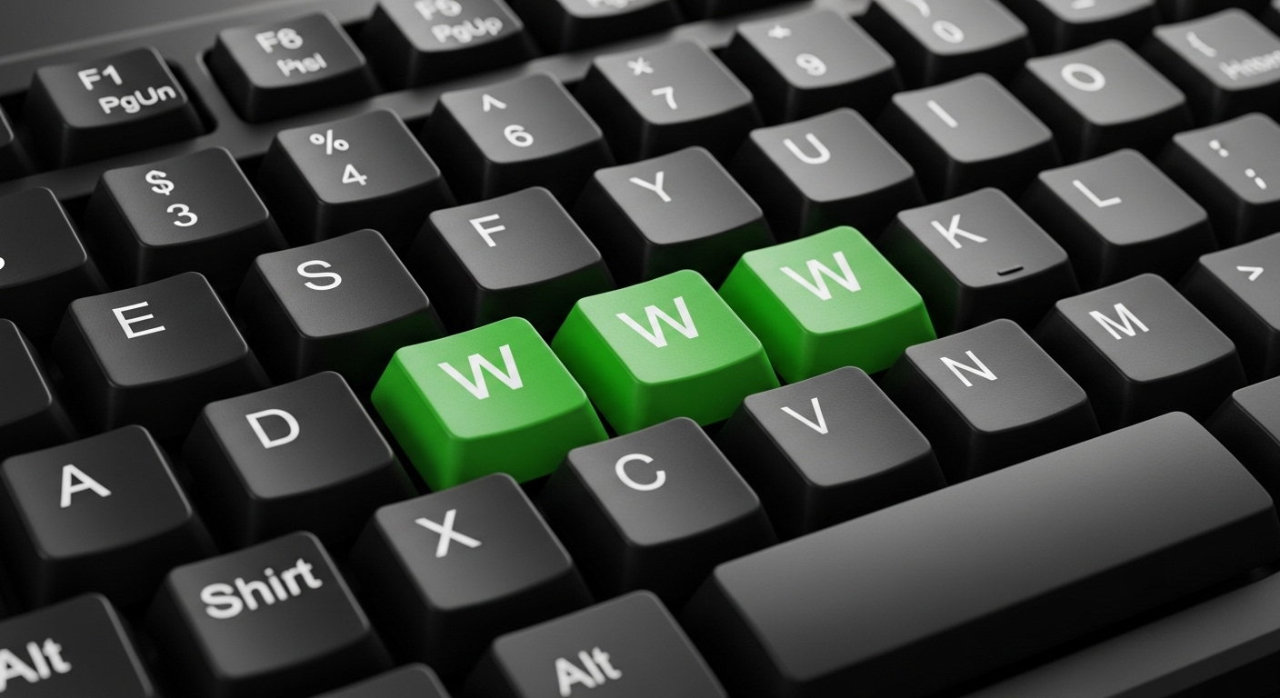 Teclado com "www" em meio as teclas, representando o ato inicial de pegar um computador para registrar domínio.