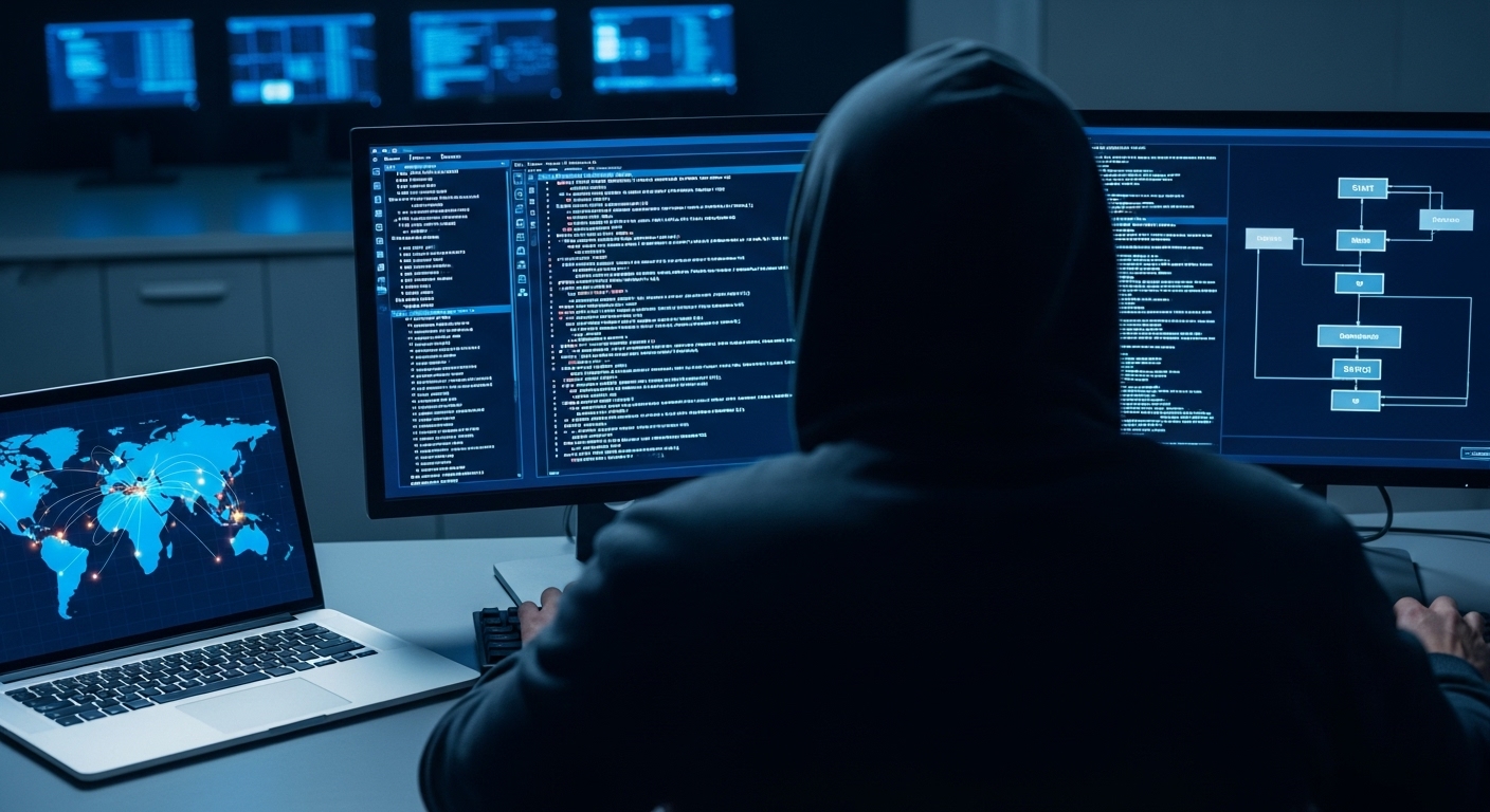 Imagem de um hacker trabalhando contra a cibersegurança de uma empresa ou patrimônio físico ou digital.