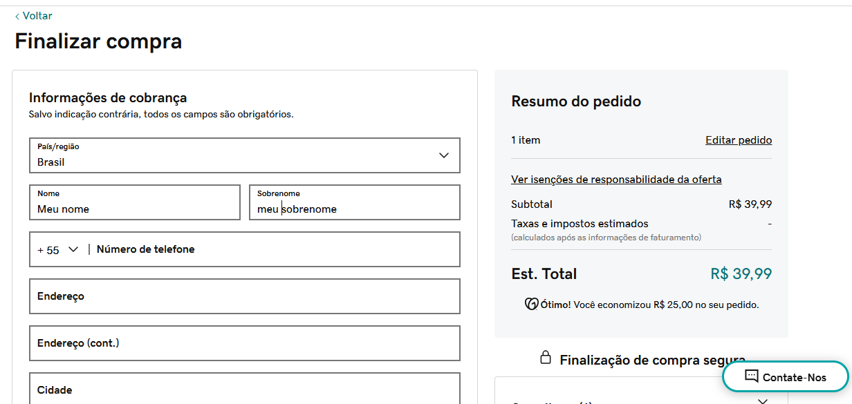 Imagem que demonstra dados para o pagamento de um novo domínio, ato que antecede registrar um domínio propriamente dito.