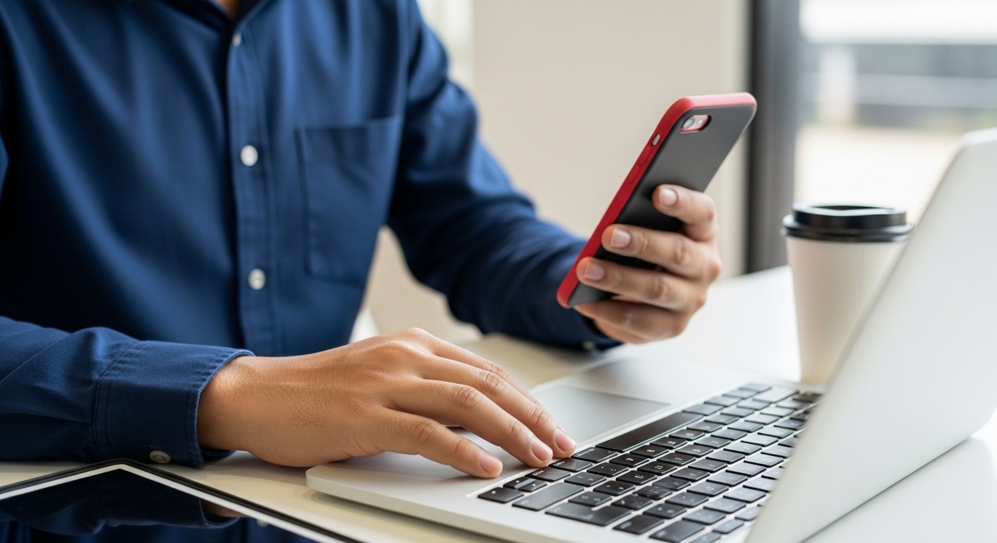 Um homem, que atua como afiliado, está sentado a uma mesa, olhando para o celular com uma capa vermelha em sua mão esquerda enquanto a mão direita está no teclado de um laptop. Há uma xícara de café e um tablet na mesa ao lado do computador.