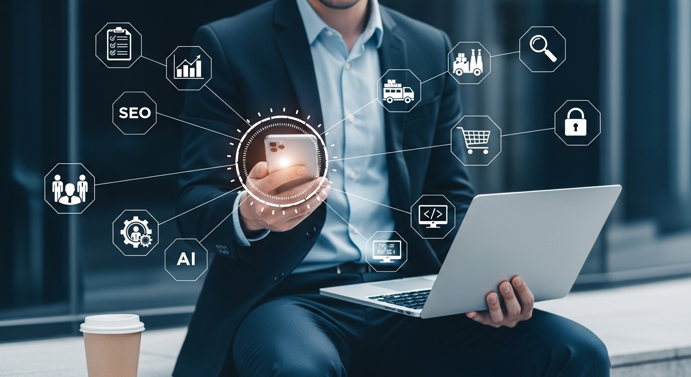 Um homem de terno, segurando um smartphone com um ícone de checkout e um carrinho de compras, com vários ícones de negócios digitais e marketing ao redor, como SEO, IA e logística. A imagem representa a integração de sistemas de checkout e e-commerce em um smartphone.