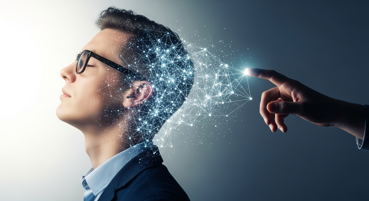 A imagem mostra o perfil de um homem usando óculos, com o rosto e a cabeça parcialmente formados por uma rede digital de pontos de luz. Uma mão está estendida, tocando a rede na parte de trás da cabeça, como se estivesse ativando ou conectando-a. Esta imagem simboliza o pensamento e a inteligência de um afiliado.