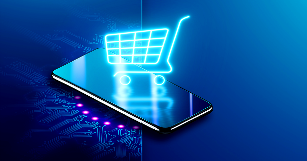 Um smartphone com um carrinho de compras luminoso em 3D saindo da tela, com circuitos elétricos em azul e roxo ao redor. A imagem representa o processo de checkout de um carrinho de compras digital.