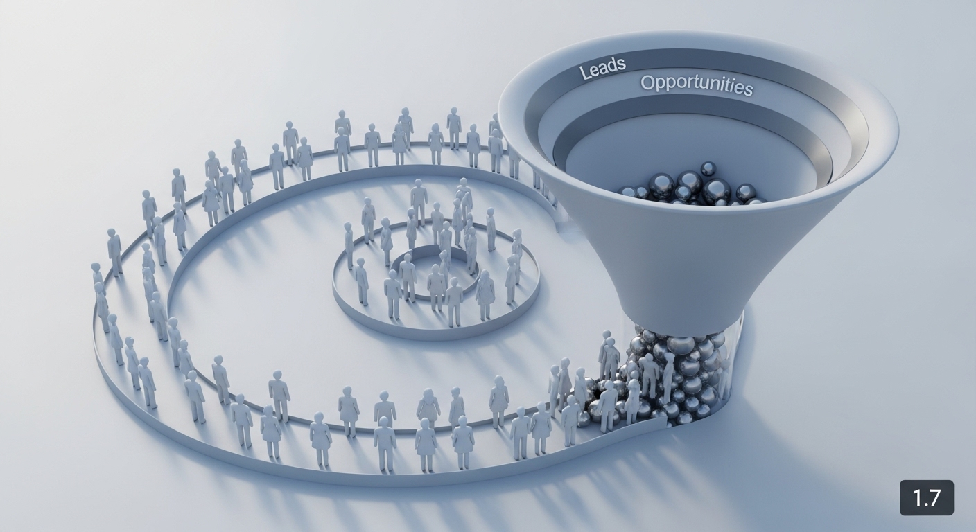Uma imagem em 3D de um funil de vendas, que simboliza a jornada do cliente. Pessoas, representadas por pequenas figuras brancas, estão organizadas em uma espiral que leva à boca do funil. O topo do funil é rotulado como "Leads" e a próxima seção é "Opportunities" (oportunidades). Dentro do funil, e saindo dele na parte inferior, há esferas de metal que representam as conversões, que para um afiliado, se transformam em vendas.