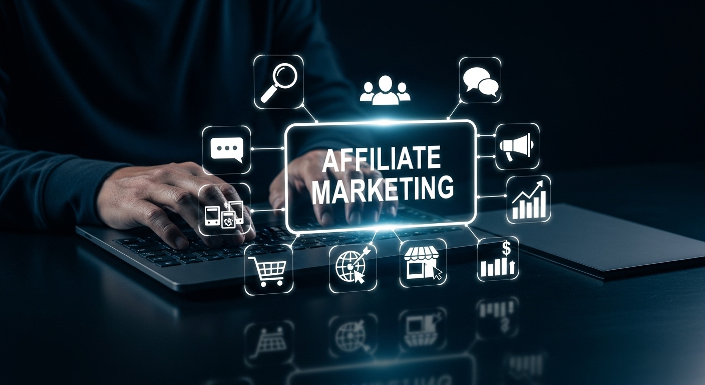 Um homem está digitando em um laptop em uma mesa escura e reflexiva. Acima do teclado, projeções digitais formam um diagrama com um retângulo central escrito "AFFILIATE MARKETING" (marketing de afiliados). Vários ícones circundam o retângulo, conectados por linhas, representando diferentes aspectos do marketing de afiliados, como pesquisa (lupa), público (silhuetas de pessoas), comunicação (balões de fala), promoção (megafone), crescimento (gráfico de barras ascendente), monetização (símbolo de dólar), loja online (carrinho de compras e vitrine), tráfego online (globo terrestre e seta de clique), conteúdo (tablet e smartphone) e interação (balão de fala com reticências).